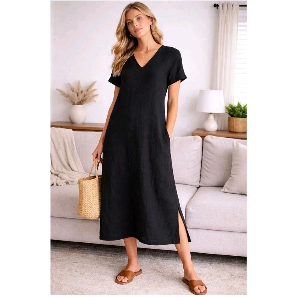 Jenni Kayne Black Cotton Shift Midi Dress SZ XL Gauze Short Sleeve Euro Summer